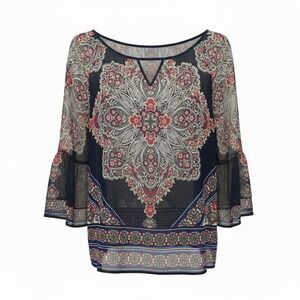 Apt 9 Paisley Medallion Chiffon‎ Bell Sleeve Blouse XL Navy Red Boho Peasant